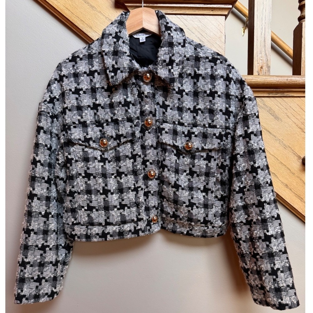 Ophelia Roe Women Houndstooth Tweed Crop Jacket Blazer S Old Money Prep Academia